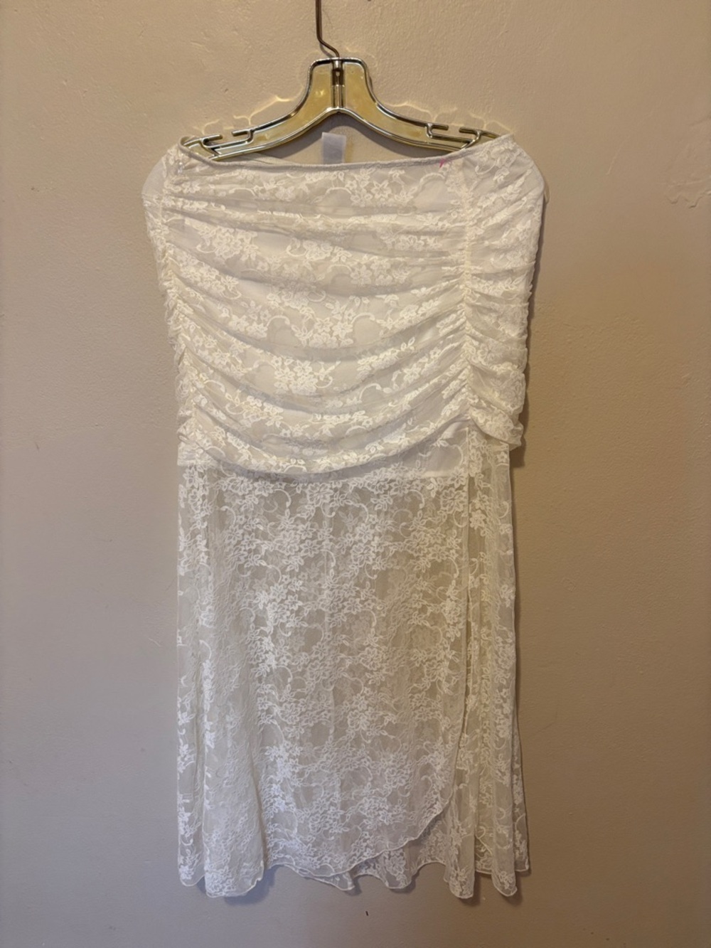 Elegant White Lace Maxi Skirt with Ruched Overlay